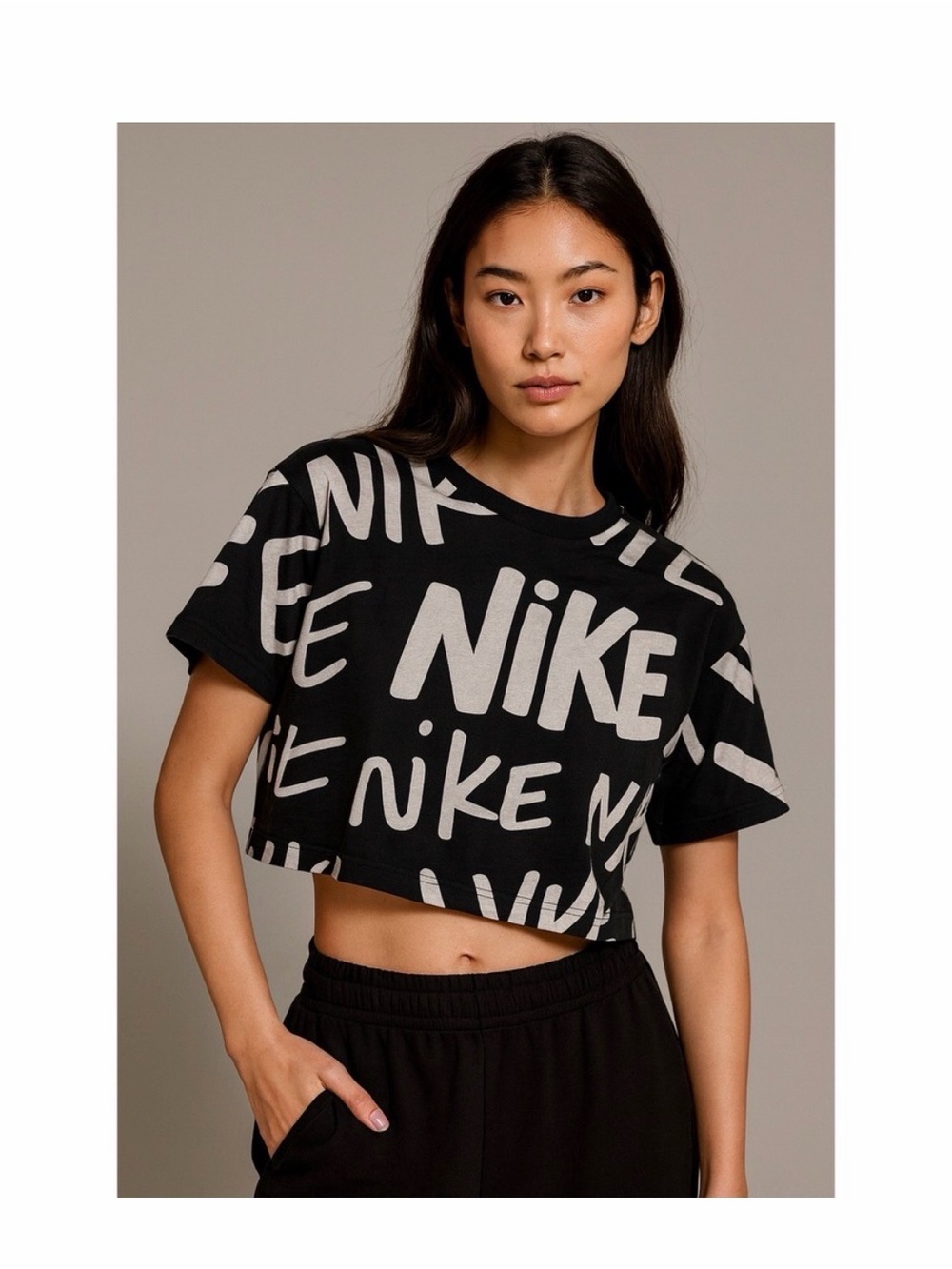 Nike Black Cropped Tee with White Logo size Large